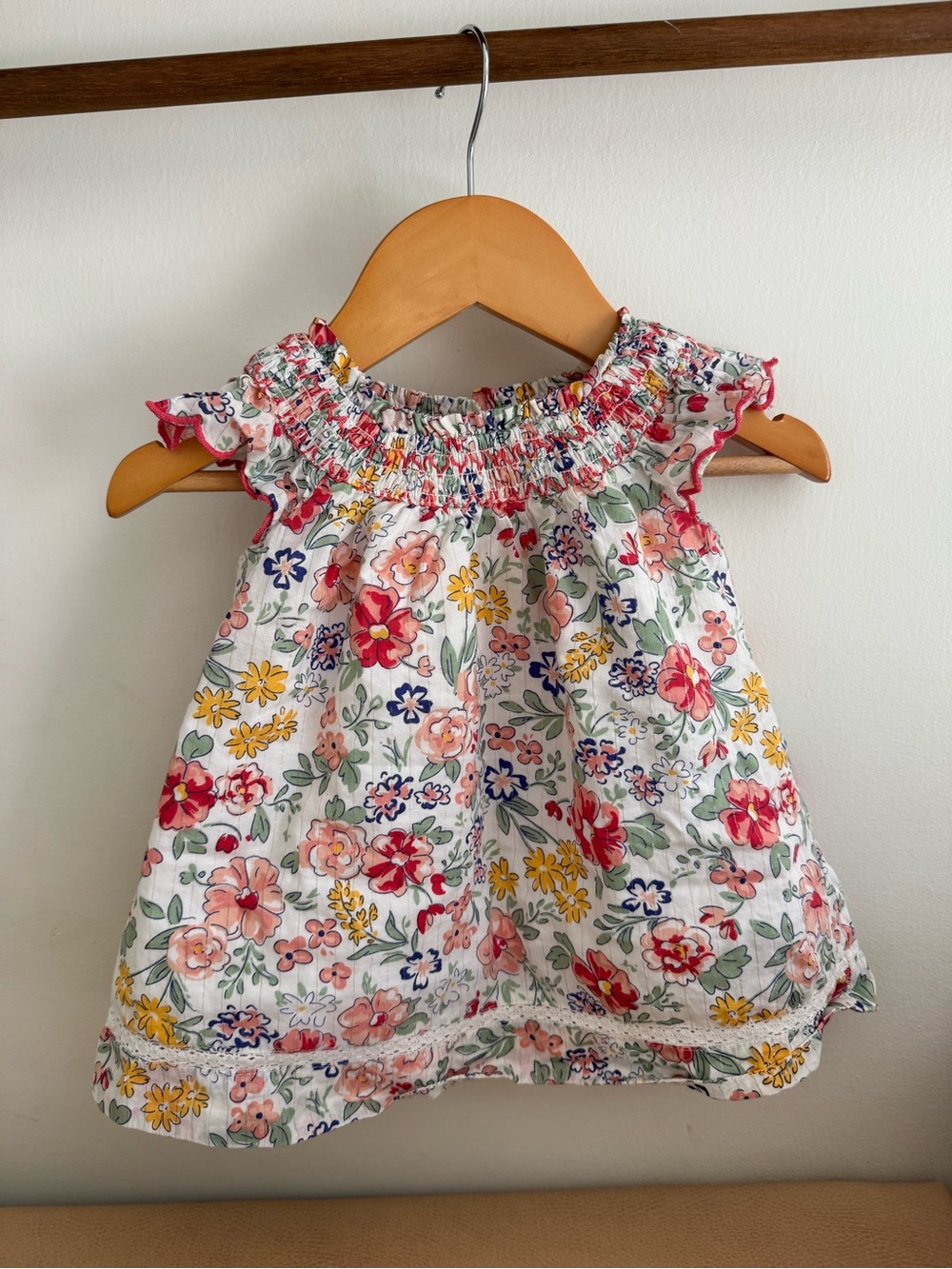 Smocked Floral Baby Dress - White with Pink, Red, Yellow & Green
